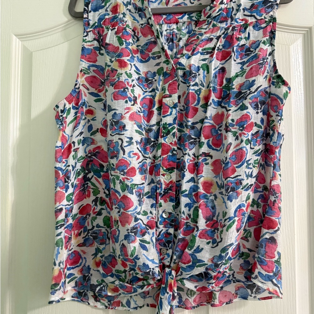 Pink and Blue Sleeveless Ruffled Tie Front Blouse
